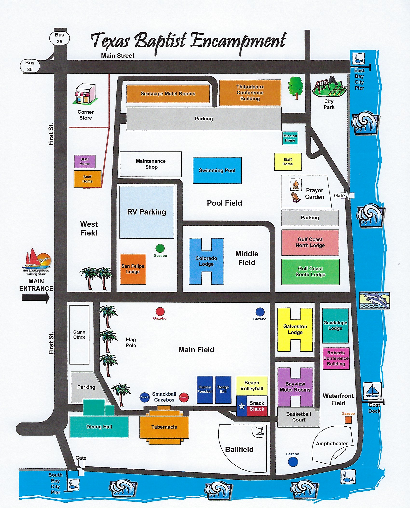 Texas Baptist Encampment campus map. Entrance west off First Street. Seascape Motel, Thibodeaux Conference, and Mission Home across the north. Swimming pool north center. San Felipe, Colorado, Gulf Coast North and South lodges mid campus. Galveston, Guadalupe, Bayview Motel, Roberts Conference south east. Dining Hall and Tabernacle southwest. Waterfront Field, boat dock, amphitheater, ballfield along the south and east bay edge.
